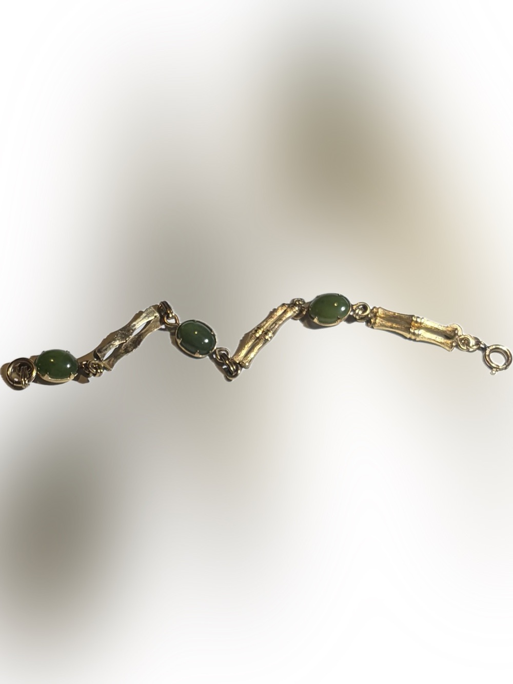 Vintage 12 karat GF Jade cabochons bamboo bracelet mid-century modern